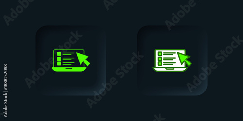 Green Online quiz, test, survey or checklist icon isolated on black background. Exam list. E-education concept. Black square button. Vector