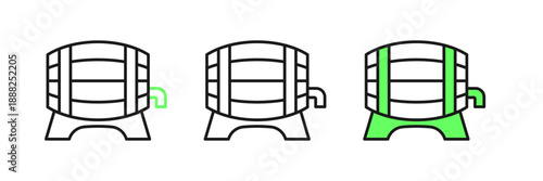 Set line Wooden barrel on rack with stopcock icon isolated on white background. Vector