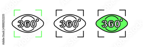 Set line 360 degree view icon isolated on white background. Virtual reality. Angle 360 degree camera. Panorama photo. Vector