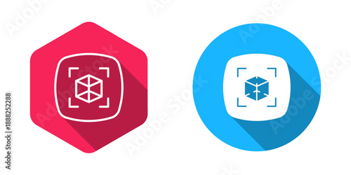 Filled and outline 3d modeling icon isolated with long shadow background. Augmented reality or virtual reality. Vector