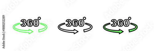 Set line 360 degree view icon isolated on white background. Virtual reality. Angle 360 degree camera. Panorama photo. Vector