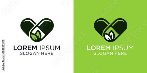 Organic Madicine Capsule logo template with green leaf and ribbon design, perfect for pharmacy, healty madicine, wellness, and eco friendly brands
