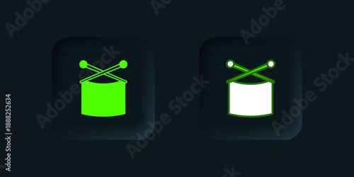 Green Knitting needles icon isolated on black background. Label for hand made, knitting or tailor shop. Black square button. Vector