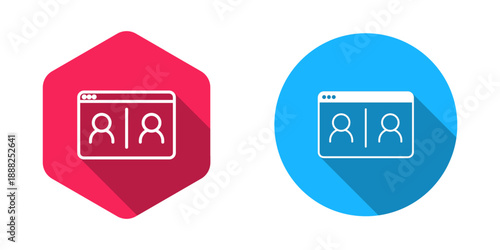 Filled and outline Video chat conference icon isolated with long shadow background. Online meeting work form home. Remote project management. Vector