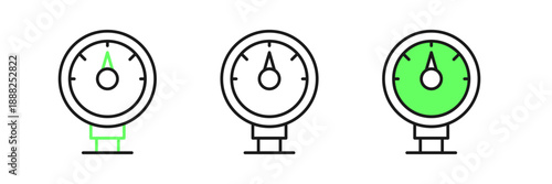 Set line Motor gas gauge icon isolated on white background. Empty fuel meter. Full tank indication. Vector