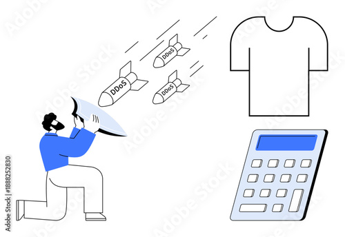 Cybersecurity, anti-DDoS protection, digital safety, data privacy, online defense, shield barrier. Person using shield against DDoS missiles, shirt and calculator included. Cybersecurity