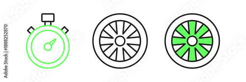 Set line Alloy wheel for car icon isolated on white background. Vector