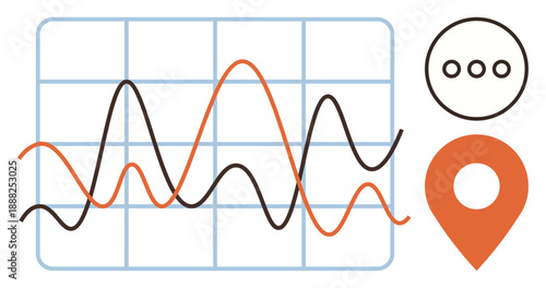 Data analysis, business analytics, trend forecasting, communication, location tracking, digital tools. A grid with line graphs, a location pin and a communication icon. Data analysis and business