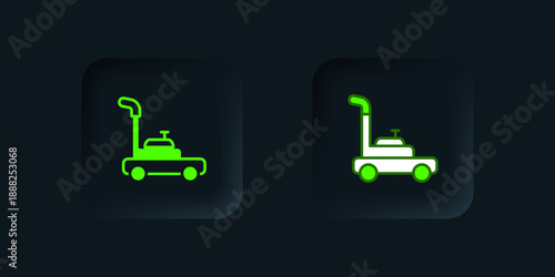 Green Lawn mower icon isolated on black background. Lawn mower cutting grass. Black square button. Vector