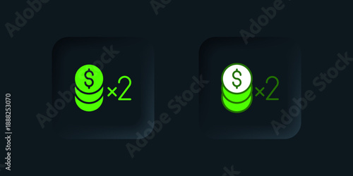 Green Casino chip with dollar symbol icon isolated on black background. Casino gambling. Black square button. Vector
