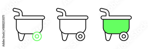 Set line Wheelbarrow icon isolated on white background. Tool equipment. Agriculture cart wheel farm. Vector