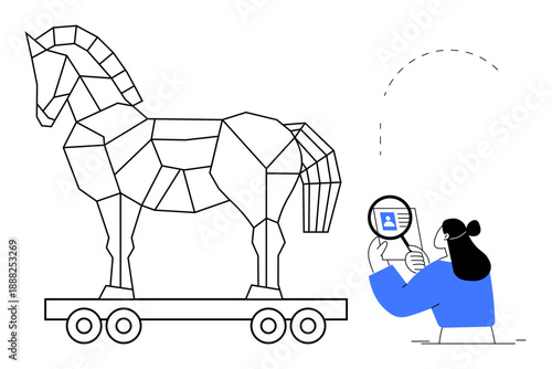 Cybersecurity concept. Cybersecurity threats ed by a digital Trojan horse, vigilance against online risks. Cybersecurity for secure data, online safety, software, and IT systems