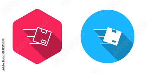 Filled and outline Location with cardboard box icon isolated with long shadow background. Delivery services, logistic and transportation, distribution. Vector