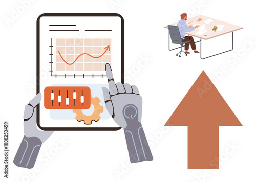 Business analytics, AI technology, productivity, automation, workforce efficiency, financial growth. Robotic hands holding a tablet with graphs. Business analytics and AI technology