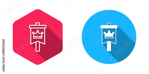 Filled and outline Medieval flag icon isolated with long shadow background. Country, state, or territory ruled by a king or queen. Vector