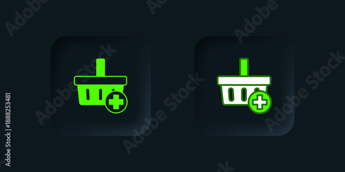 Green Add to Shopping basket icon isolated on black background. Online buying concept. Delivery service. Supermarket basket symbol. Black square button. Vector