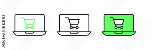 Set line Shopping cart on screen laptop icon isolated on white background. Concept e-commerce, e-business, online business marketing. Vector
