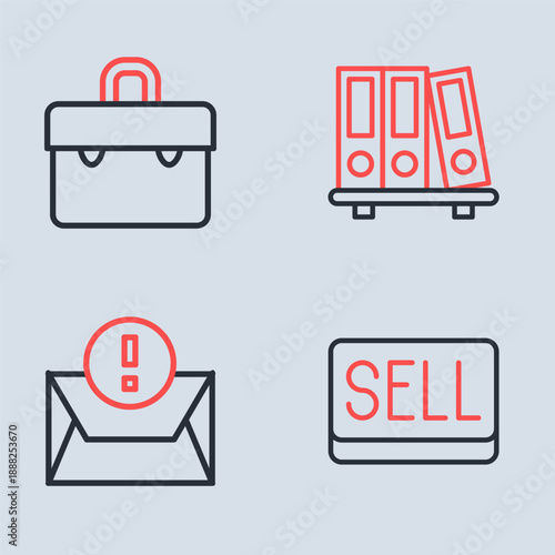 Set line Office folders, Envelope, Sell button and Briefcase icon. Vector