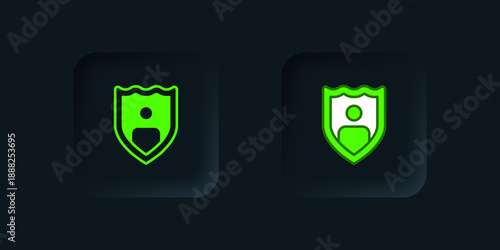 Green Life insurance with shield icon isolated on black background. Security, safety, protection, protect concept. Black square button. Vector