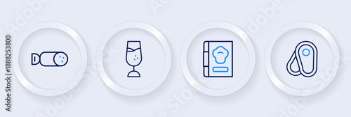 Set line Steak meat, Cookbook, Wine glass and Salami sausage icon. Vector