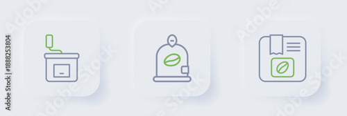 Set line Bag of coffee beans, and Manual grinder icon. Vector