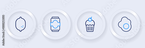 Set line Scrambled egg, Muffin, Soda can and Lemon icon. Vector