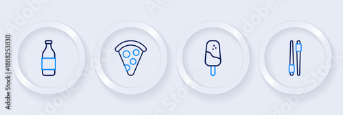 Set line Food chopsticks, Ice cream, Slice of pizza and Bottle wine icon. Vector