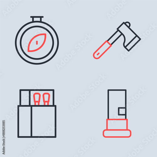 Set line Wooden axe, Open matchbox and matches, Cartridges and Compass icon. Vector
