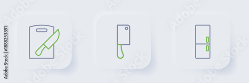 Set line Refrigerator, Meat chopper and Cutting board and knife icon. Vector