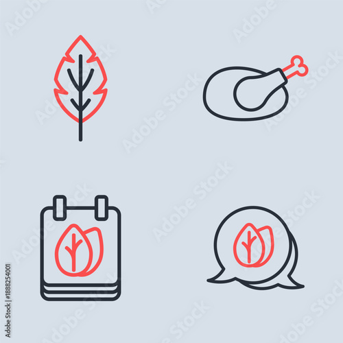 Set line Roasted turkey or chicken, Calendar with autumn leaves, Leaf and icon. Vector