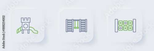 Set line Education logic game, Swedish wall and Slide playground icon. Vector
