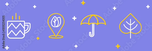 Set line Leaf, Umbrella, Location with leaf and Cup of tea icon. Vector