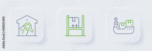 Set line Cargo ship with boxes delivery, Warehouse interior and check icon. Vector