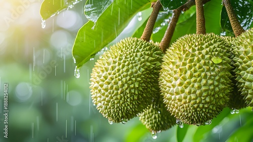 Durian fruit closeup with water drops on tree picture