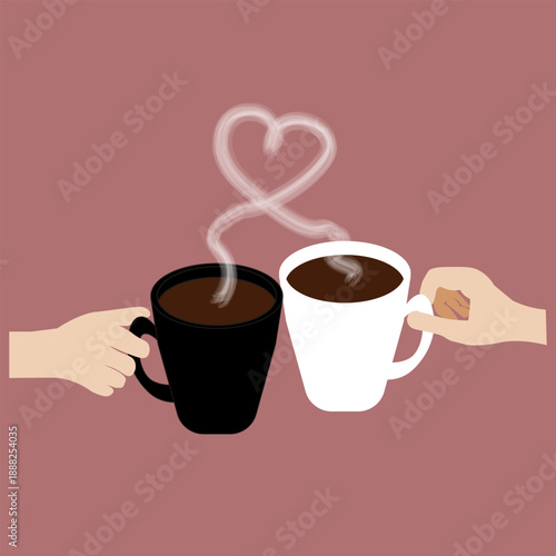Male and Female Hands Holding Coffee Cups with Heart Shaped Steam