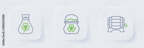Set line Wooden barrel on rack, Pot of gold coins and Money bag with clover icon. Vector