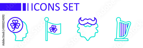 Set line Harp, Mustache and beard, Ireland flag with clover and Head trefoil leaf icon. Vector