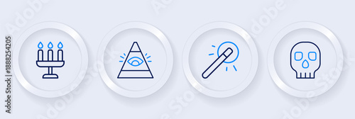 Set line Skull, Magic wand, All-seeing eye of God and Candlestick icon. Vector