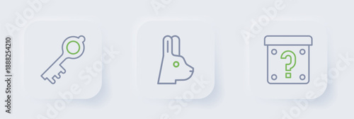 Set line Mystery box, Rabbit with ears and Old magic key icon. Vector