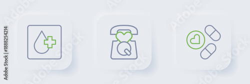 Set line Medicine pill or tablet, Emergency call 911 and Blood test icon. Vector