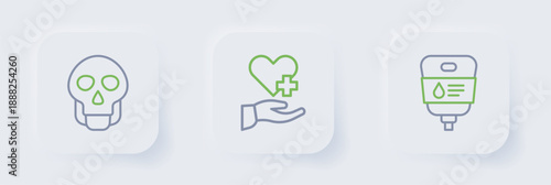 Set line IV bag, Heart with cross and Skull icon. Vector