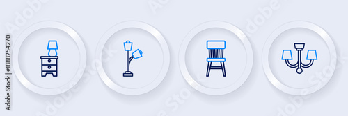 Set line Chandelier, Chair, Floor lamp and Furniture nightstand with icon. Vector