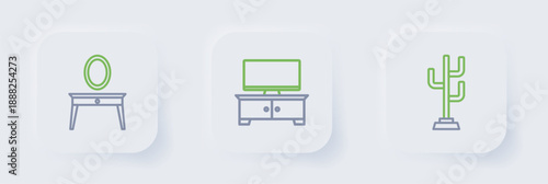 Set line Coat stand, TV table and Dressing icon. Vector