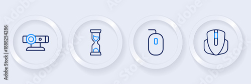 Set line Computer mouse, Old hourglass and Web camera icon. Vector