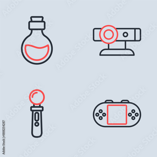 Set line Web camera, VR controller game, Portable video console and Bottle with magic elixir icon. Vector