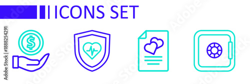 Set line Safe, Marriage contract, Life insurance with shield and Money icon. Vector