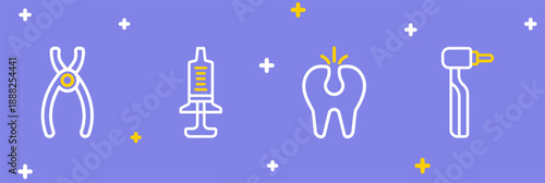 Set line Tooth drill, Broken tooth, Syringe and Dental pliers icon. Vector