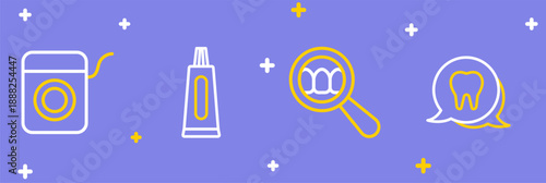 Set line Tooth, Dental search, Tube of toothpaste and floss icon. Vector