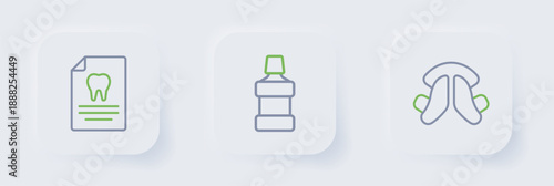 Set line Dental tooth plate, Mouthwash and Clipboard with dental card icon. Vector