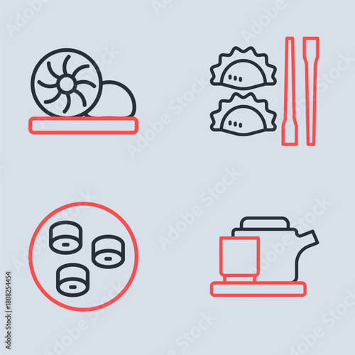 Set line Dumpling with chopsticks, Sushi, Traditional tea ceremony and Xiao long bao icon. Vector